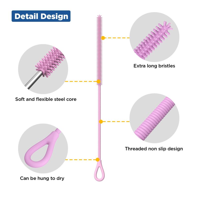 Silicone Straw Cleaner Brush, 2Pcs Reusable Straw Brush Extra Long for Cleaning Tumbler