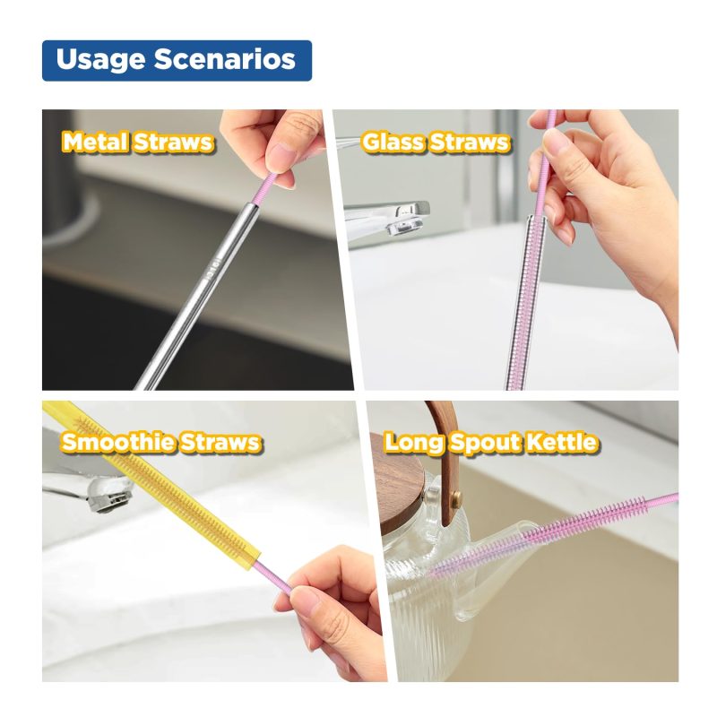Silicone Straw Cleaner Brush, 2Pcs Reusable Straw Brush Extra Long for Cleaning Tumbler