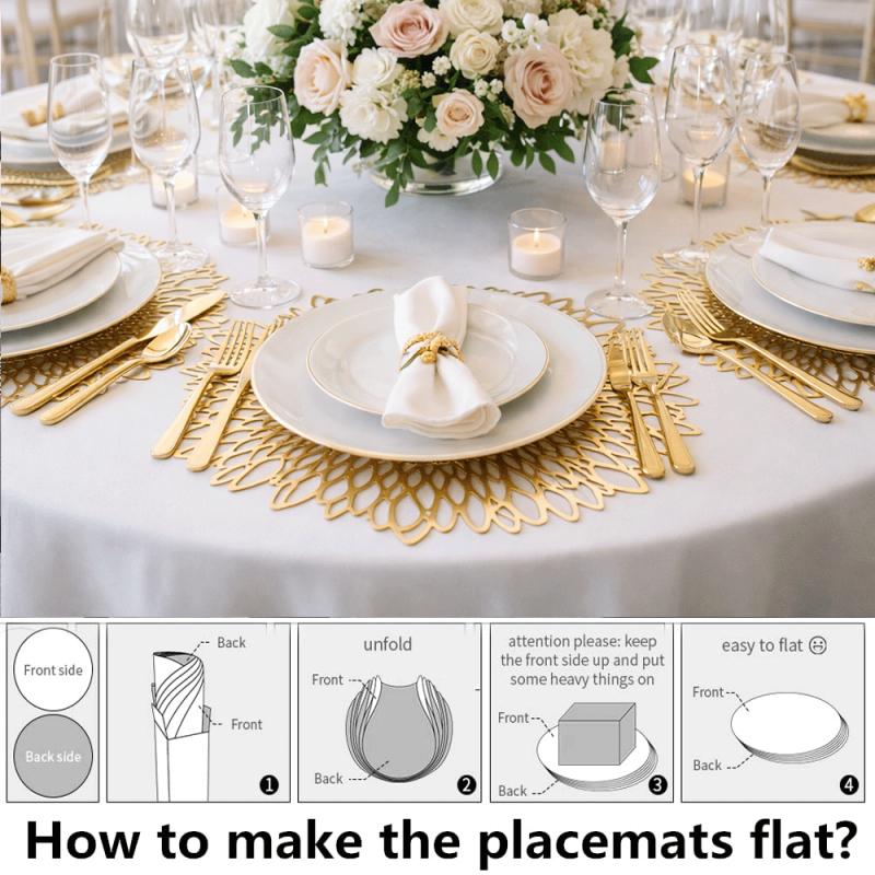 Set of 4 Round Placemats Gold, Heat-Resistant PVC Table Mats