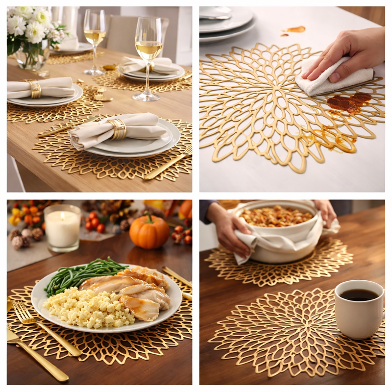 Set of 4 Round Placemats Gold, Heat-Resistant PVC Table Mats